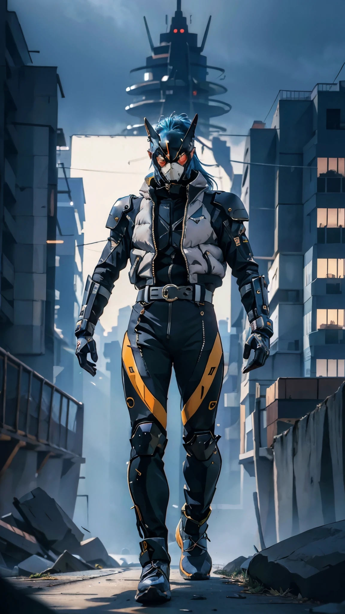 A man with blue hair tied in a ponytail, his face concealed by a falcon concept mask, full mask, stands tall and imposing, a futuristic sci-fi style short jacket, a dark bodysuit, matching trousers, a belt cinched at the waist, colorful gloves, he stands atop a futuristic high-rise, city night view, this character embodies a finely crafted futuristic sci-fi style masked hero in anime style, exquisite and mature manga art style, high definition, best quality, highres, ultra-detailed, ultra-fine painting, extremely delicate, professional, perfect body proportions, golden ratio, anatomically correct, symmetrical face, extremely detailed eyes and face, high quality eyes, creativity, RAW photo, UHD, 32k, Natural light, cinematic lighting, masterpiece-anatomy-perfect, masterpiece:1.5