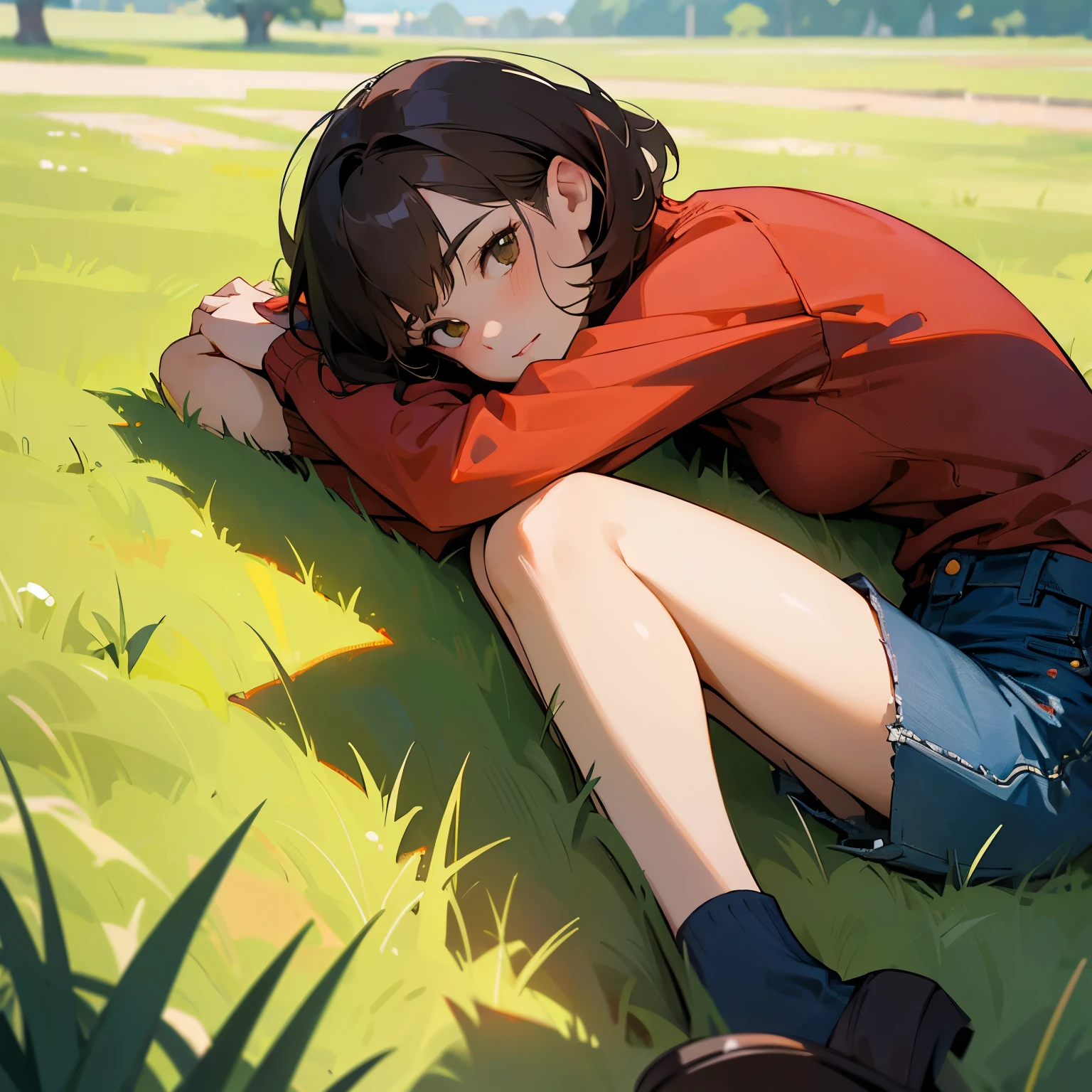 There is a 18 years old girl, only one girl, solo, full body, lying on the grass, lying on her stomach, short brown hair, red sweater, jeans, shiny face, outdoors, hands on the grass, head on the forearms, arms crossed under chin, both forearms also on the grass, realistic, no random legs, knees on the grass, view from front, no random body parts, posing to a photo,  k random arms