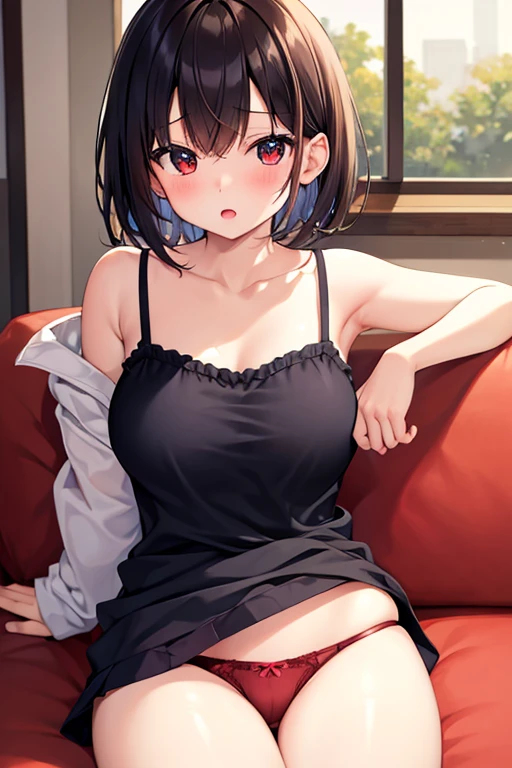 masterpiece、Highest image quality、ultra high resolution、NSFW、big breasted elementary school girl、short hair、red face、shyly、mock、Please open your mouth just a little、Breast-showing camisole for elementary school girls、Thong panties for elementary school girls、sitting on the sofa、In the living room