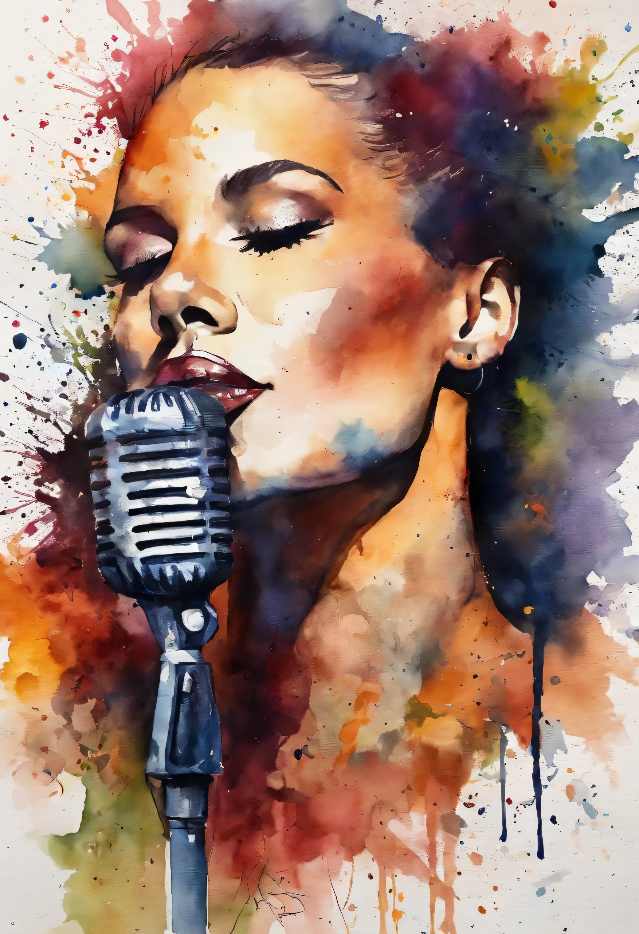 silhouette of a singer with a microphone closeup painting with a splatter background and spray paint effect, by Eugeniusz Zak, watercolor art, by Károly Lotz, watercolor painting, watercolor painting style, watercolor detailed art, by Reuben Tam, watercolor digital painting, watercolor paint, masterfully detailed watercolor, watercolor art, Grzegorz Rutkowski
