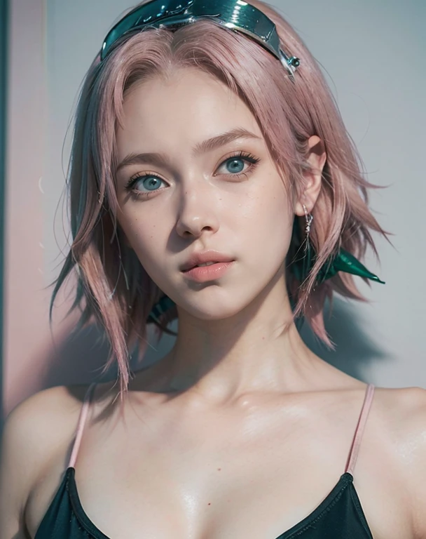 young woman, short shoulder-length pink hair, wide forehead, porcelain skin, pink eyebrows, big emerald green eyes, buttoned nose, full lips, heart-shaped face, slender body, small breasts, red tank top, Sakura Haruno , realistic, realism, details, 3d, well detailed
