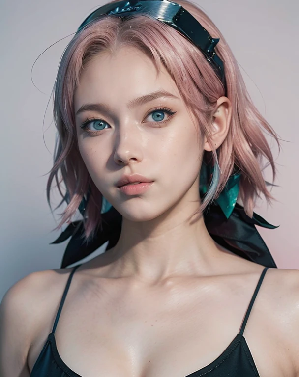 young woman, short shoulder-length pink hair, wide forehead, porcelain skin, pink eyebrows, big emerald green eyes, buttoned nose, full lips, heart-shaped face, slender body, small breasts, red tank top, Sakura Haruno , realistic, realism, details, 3d, well detailed
