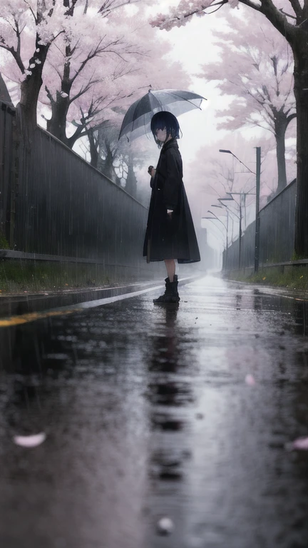 confused, High resolution, (official art, beautiful and aesthetic:1.2), Close a view,
shining sky, vast world, girl, stare, an awe-inspiring expression, distant horizon, cloud, high hill, beauty of nature, Inspiration, light effect,rain,cloudy sky,Road along the railway tracks,cloudy sky,rainが降る,1 female,evening,rain,perspective from a distance,small person,dark night,night,black background,night,moon,blue hair,blue eyes,cherry blossoms