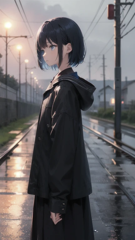 confused, High resolution, (official art, beautiful and aesthetic:1.2), Close a view,
shining sky, vast world, girl, stare, an awe-inspiring expression, distant horizon, cloud, high hill, beauty of nature, Inspiration, light effect,rain,cloudy sky,Road along the railway tracks,cloudy sky,rainが降る,1 female,evening,rain,perspective from a distance,small person,dark night,night,black background,night,moon,blue hair,blue eyes,cherry blossoms