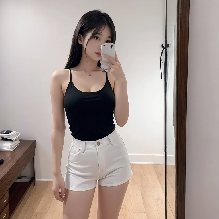 debris flies、highest quality、super fine、Understood、High resolution、8k wallpaper、perfect dynamic composition、(((Full body Esbian)))、((from below))、20 year old cute girl、detailed beautiful face、delicate and cute eyes、fine-textured skin、My cheeks turned red、(wavy black hair)、thin legs、Please generate at the eaves、Take a selfie with your phone、room、Wearing a black tank top、white background、Wearing cotton shorts、I can see your pants、panty shot、The exact shape of the areola、transparent areola、The nipples are transparent、Taking a selfie with your smartphone in front of a mirror