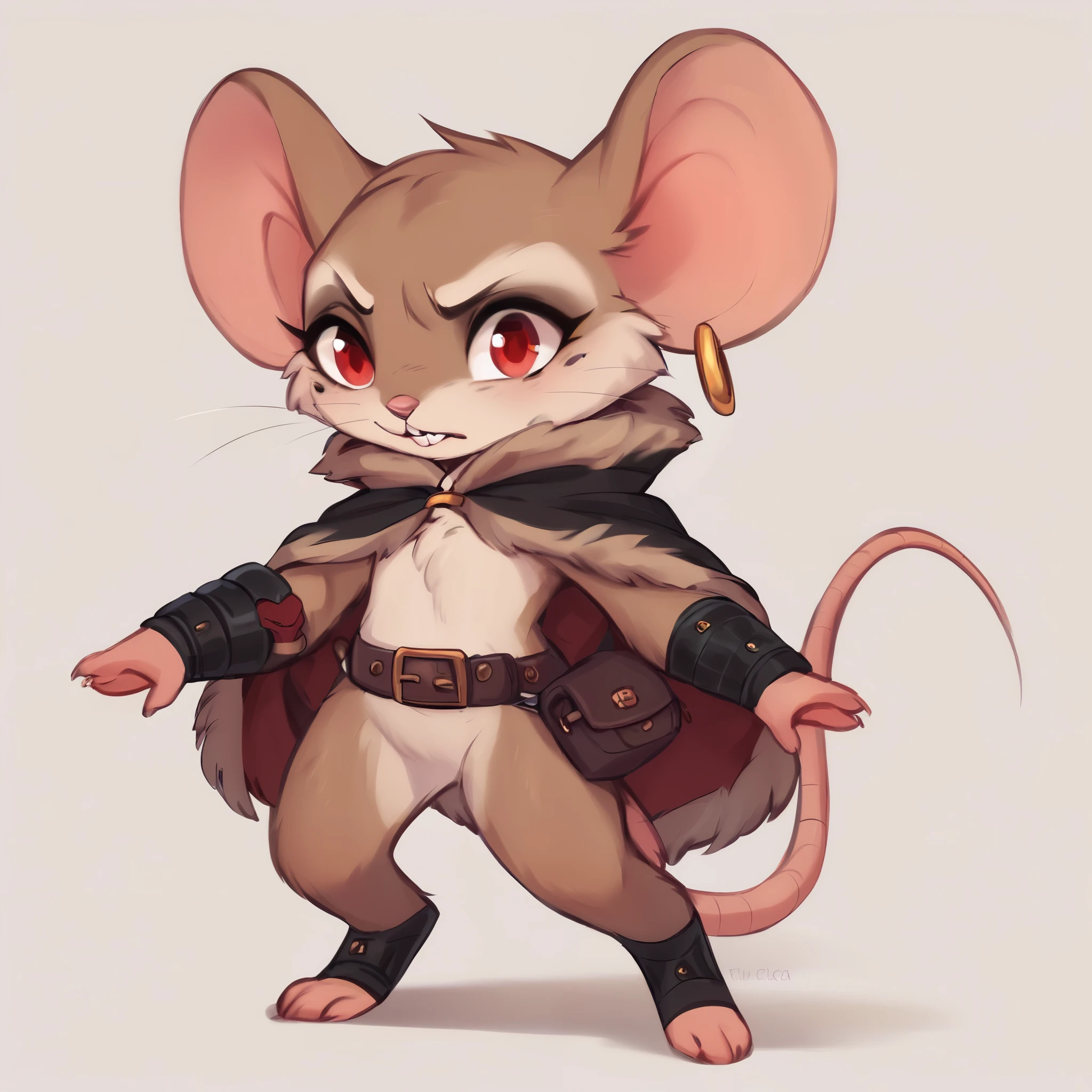 score_9, score_8_up, score_7_up, score_6_up, score_5_up, score_4_up, show accurate, full body, hungry body, simple background, (solo), (semi anthro), mouse, female mouse, fur body, ultra fine fur, standing, red eyes, ((light brown dull fur)), black color open cape, (leather arm protector, protectors made of dark brown leather strips), leather belt with small backpack, determined look, hairless, bald, earring,