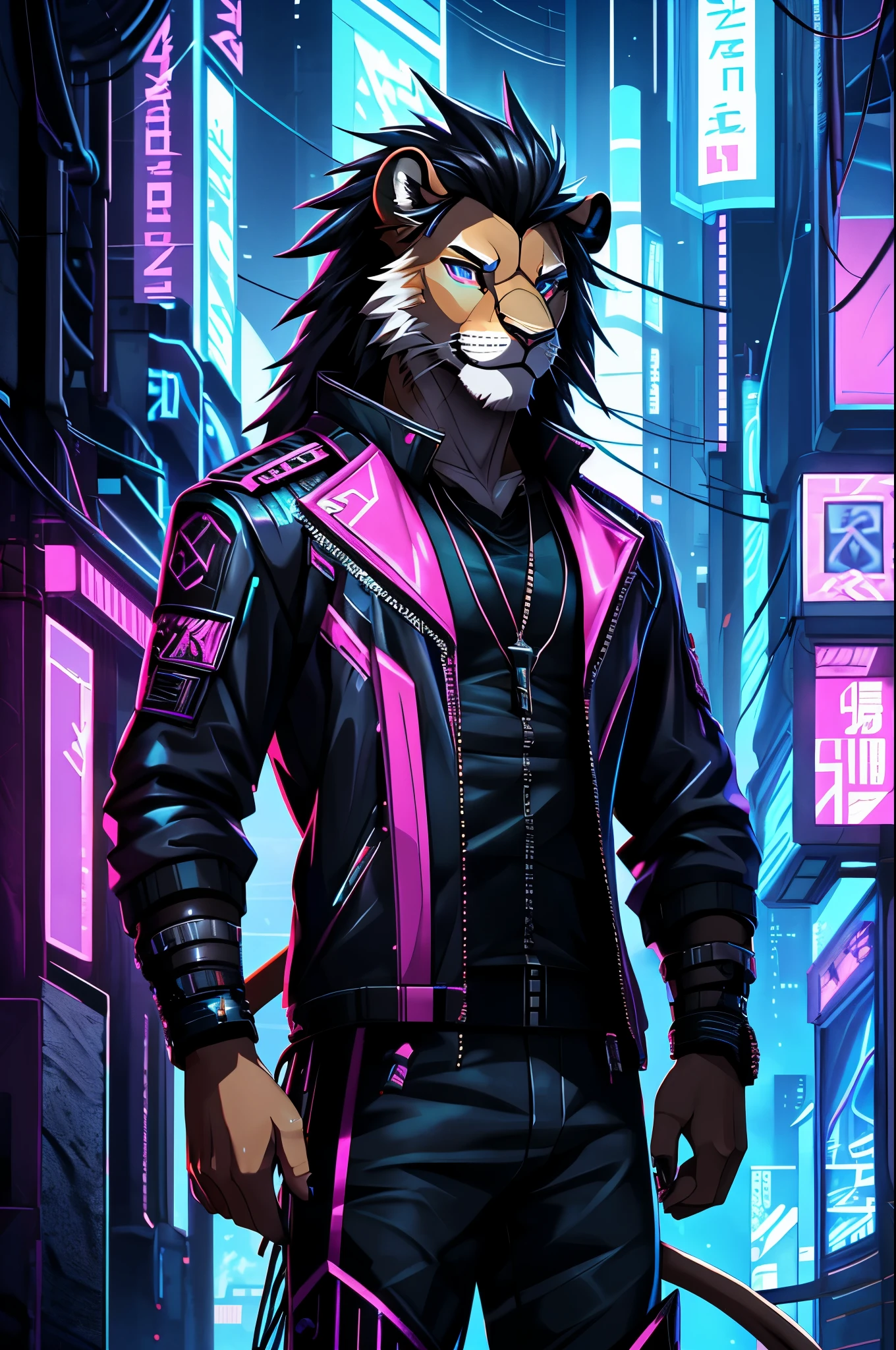 furry, male, anthro, (Lion Tail), solo, (Realistic eye details:1.2), (beautiful detailed eyes), anime character there is a Lion male,a close up of a person in a suit on a skateboard, cyberpunk, in cyberpunk style, cyberpunk art style, an anthropomorphic cyberpunk, [ synthwave art style ]!! ]!!, cyberpunk vibe, cyberpunk street goon, commission for high res, cyberpunk dude, [ synthwave art style ]!!, furry digital art, muscular! cyberpunk, perfect anatomy,realistic anatomy, full body like, slim body, good looking, anime style, 8k, 4k anime wallpaper, anime art wallpaper 8 k, 2 d art, 2d art, anime art wallpaper 4k, detail art