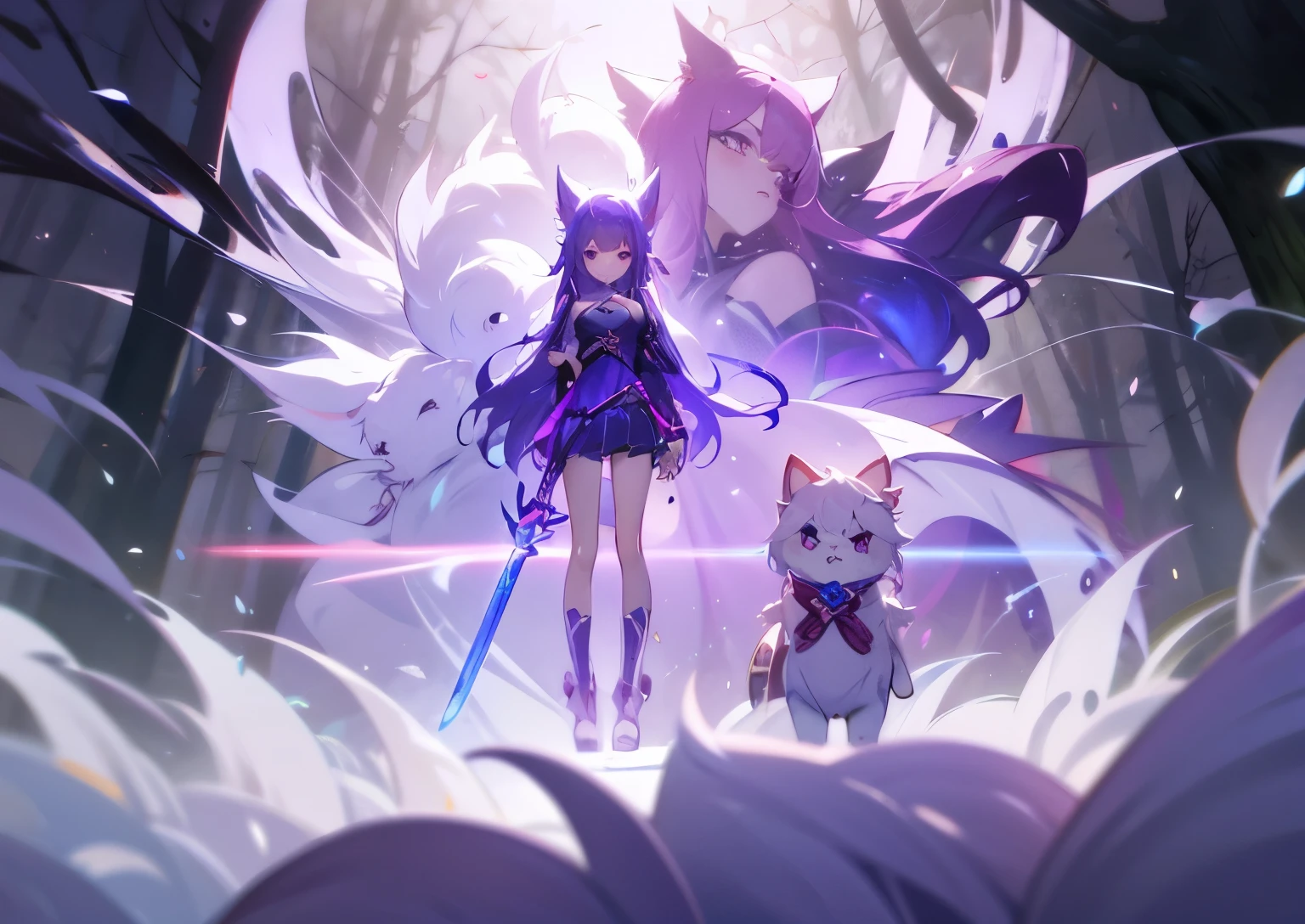 Anime characters standing next to each other with cats and swords, stylized anime, anime stylized, anime-style, Seraphic Ahri KDA, white cat girl, Live2D Virtual YouTuber Model, Very Beautiful Anime Cat Girl, Merge Characters, Draw a Cute Anime Girl, Highly Detailed Characters, Fantasy Style Anime, Anime Highly Detailed，purple hair，purple clothes，Purple skirt，fighting，sword dance，special effects，Swords，华丽的special effects，Sword Qi，visual feast，forest scene，forest，complex background