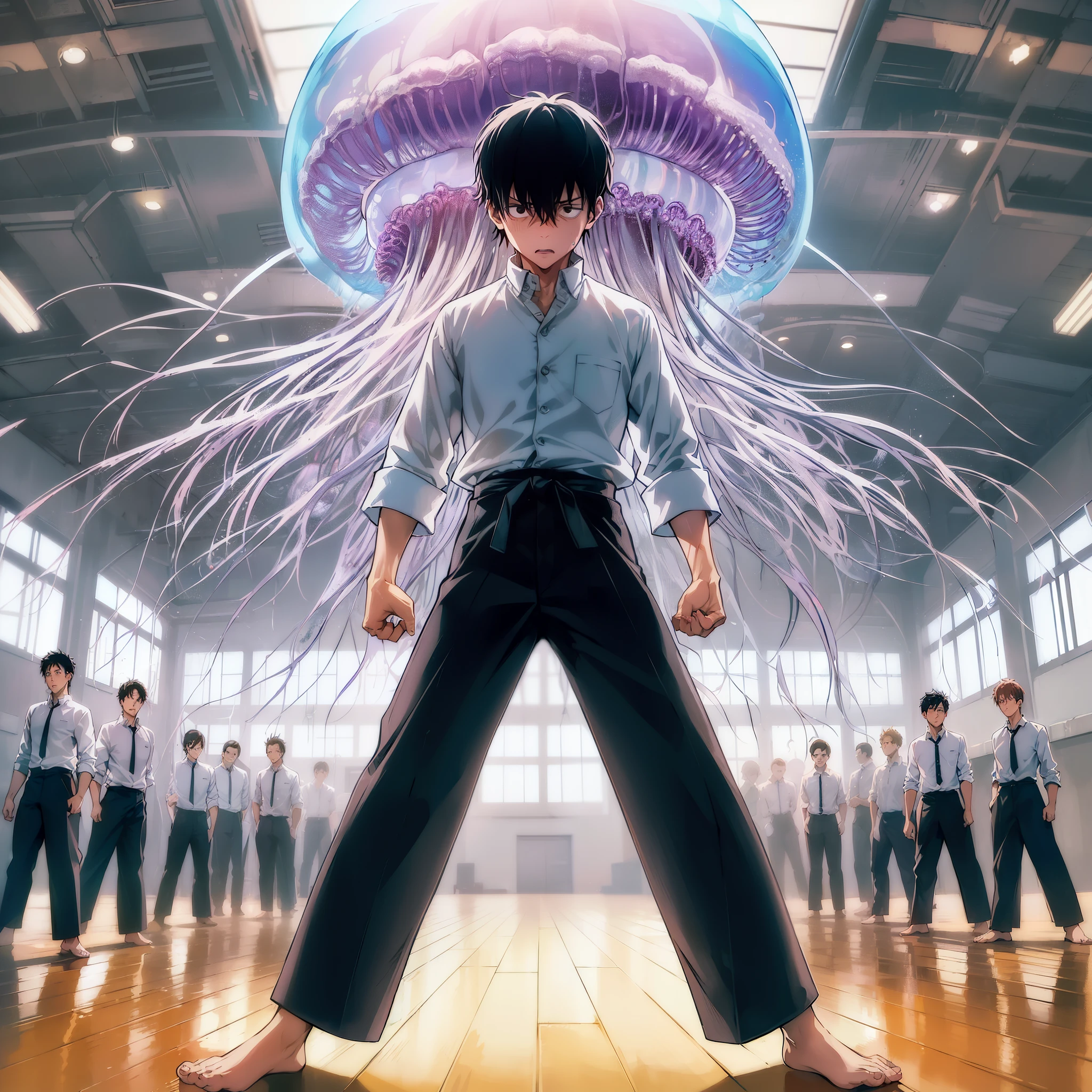 (masterpiece, best quality:1.2), Jujutsu kaisen style, junpei_yoshino, (1boy, solo), (full body, standing in the school gymnasium, open stance), school white shirts, (angry expression:1.1), looking at viewer, (huge jellyfish monster floating above his head:1.3)