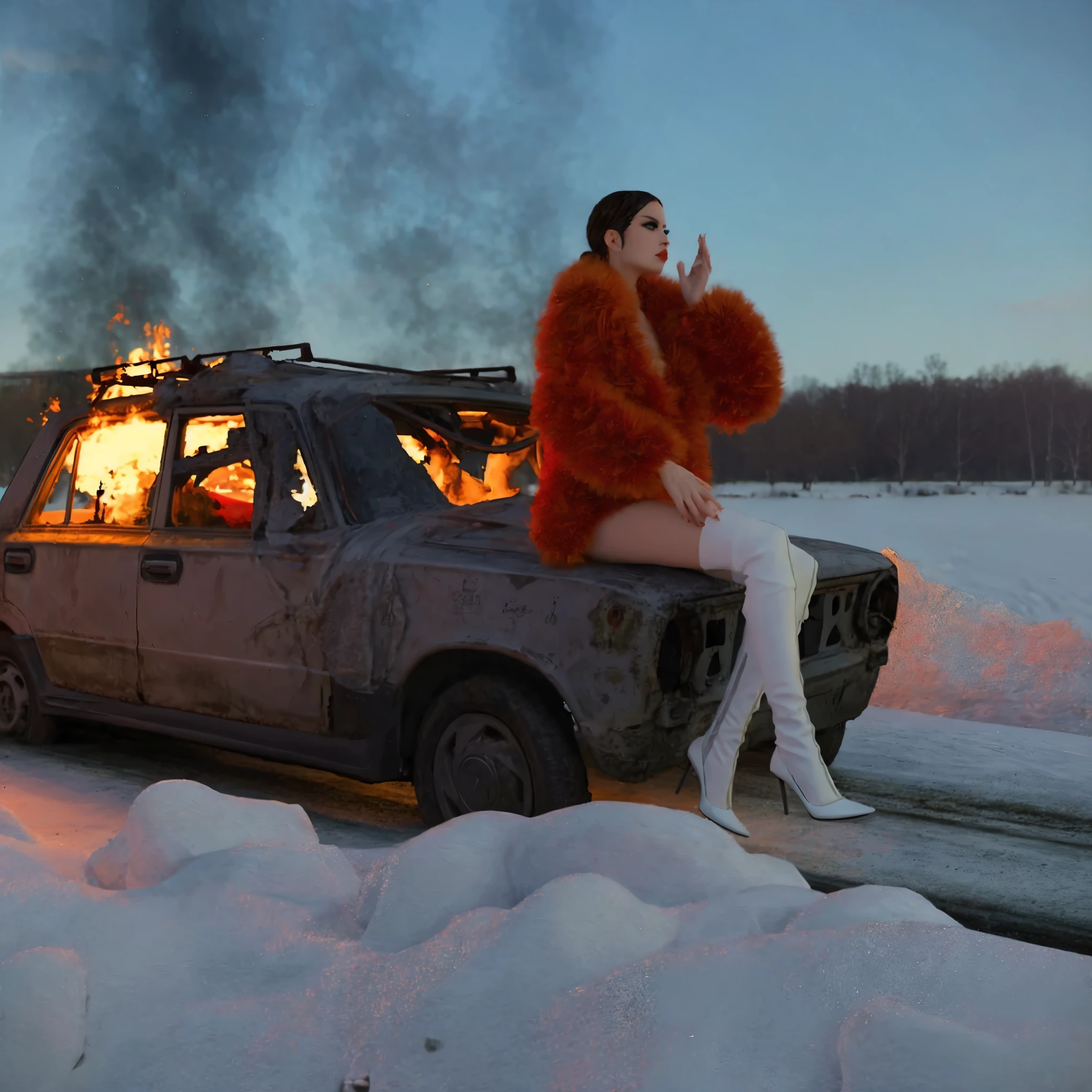 a woman sits in the back seat of a car in the snow, photo by Alexey Kurylev, photo by Alexey Gurilev, sergey krasovskiy, In the style of Joel Meyerowitz, Erwin Olaf, inspired by David LaChapelle, Sergey Zabelin, inspired by Elsa Bleda, Maxim Sukharev, alexey egorov