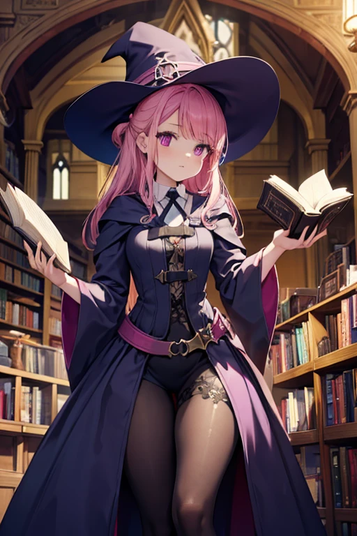 A pink haired female witch with violet eyes with an hourglass figure in a victorian style dress is picking out a book
