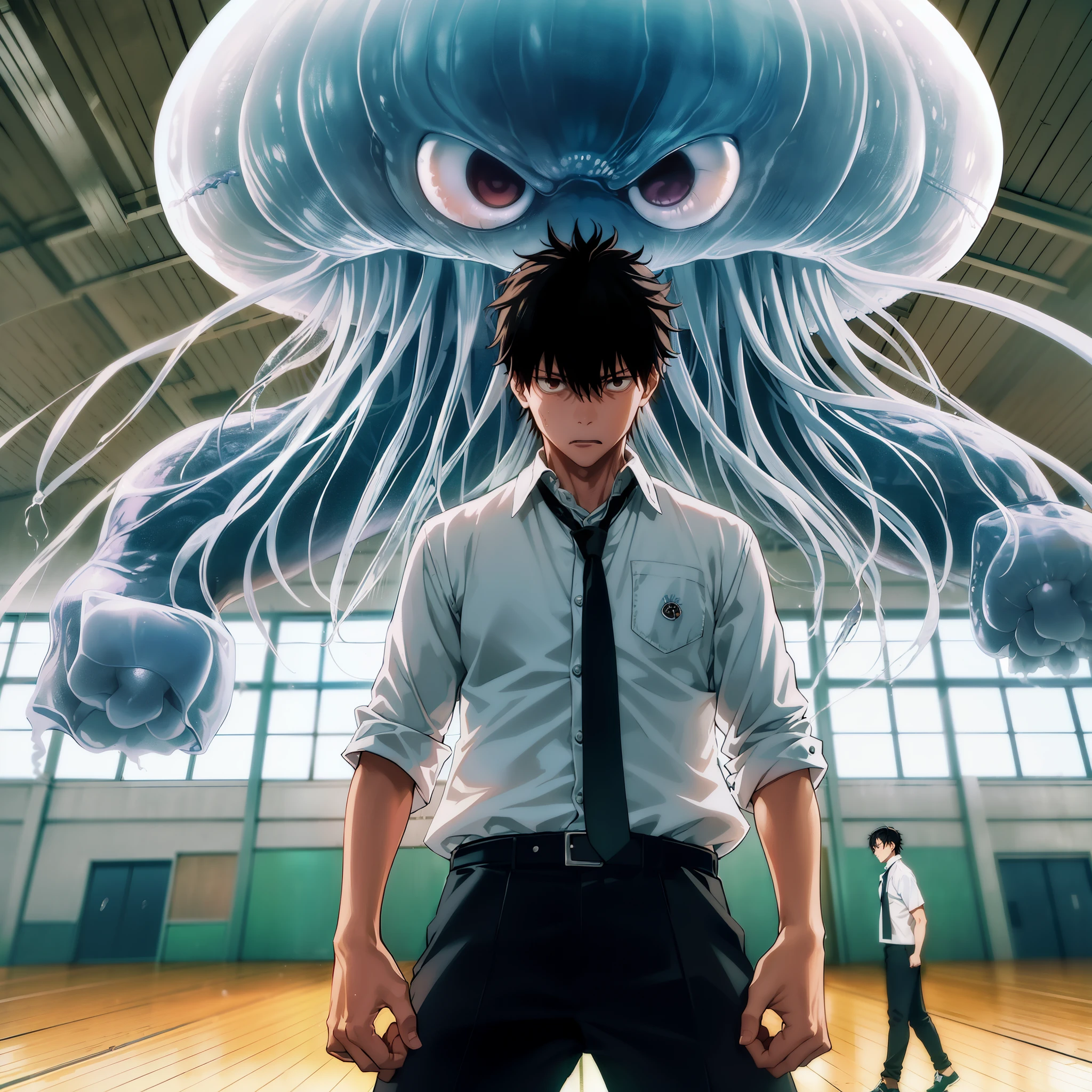 Jujutsu kaisen style, junpei_yoshino, (1boy, solo), (full body, standing in the school gymnasium, open stance), school white shirts, (angry expression:1.1), looking at viewer, (huge jellyfish monster floating above his head:1.3)