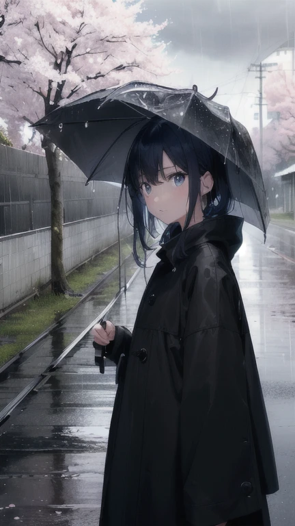confused, High resolution, (official art, beautiful and aesthetic:1.2), Close a view,
shining sky, vast world, girl, stare, an awe-inspiring expression, distant horizon, cloud, high hill, beauty of nature, Inspiration, light effect,rain,cloudy sky,Road along the railway tracks,cloudy sky,rainが降る,1 female,evening,rain,perspective from a distance,small person,dark night,night,black background,night,moon,blue hair,blue eyes,cherry blossoms