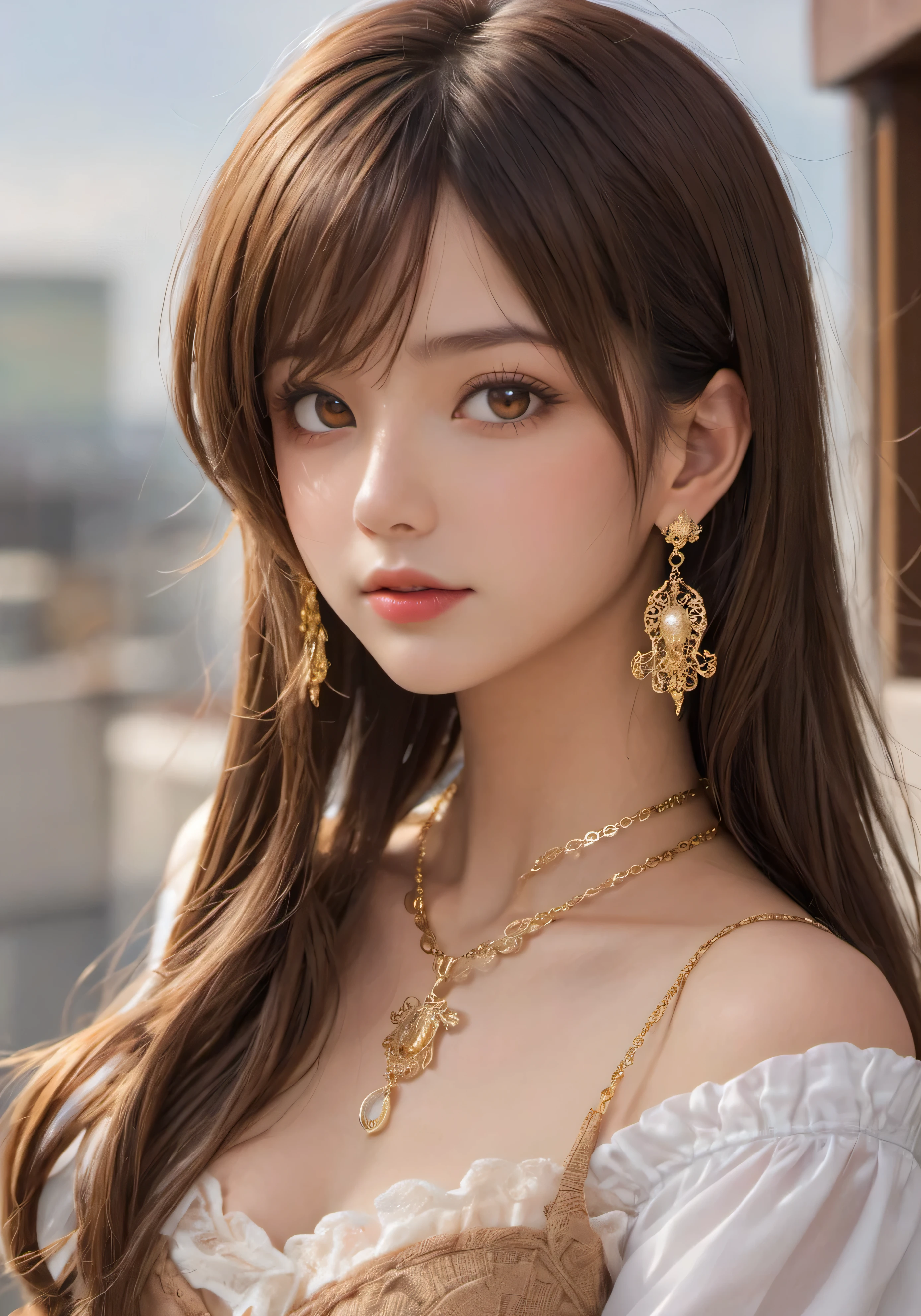 photograph, disorganized, High resolution, super detailed, maid girl,:d,((Hair with loose waves inside:1.2)),((gold necklace_Large earrings:1.2)),((Super long brown hair:1.2))