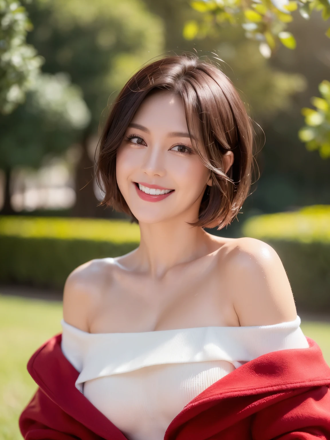 (34 years old), (red off-shoulder wool jacket),(white wool pants)、(white ruffle blouse), double eyelid, eyelash, Red lip gloss, (smile:1), ((close your eyes:0.85)), (looking at the viewer、Are standing), (From above:0.2)、尖ったred mouth、(reddish brown wet shiny short hair),red mouth,clavicle、 (Photoreal:1.3),(Raw photo),(woman standing in front of an old castle, Beautiful lawn, Squirting, Bright sunlight in the city of Modena, Italy) , 8K, Super detailed, highest quality, rough skin, anatomically correct, masterpiece , highest quality, cinematic lighting, Use perspective throughout , surrealism , ,(realistic:1. 3),(Raw photo) , black hair, light smile, short hair, bob cut, anaglyph, stereogram, (mature woman:1), (38 years old), ((close:0.5)), glare, double eyelids, lip gloss, (smile:1), ((close your eyes:0.85)), red mouth, clavicle, ((looking at the viewer)), (short hair of reddish-brown color wet and shiny,), (I can see the whole body) , Slightly thick body type , I opened my eyes wide. , perfectly round eyes , fine texture