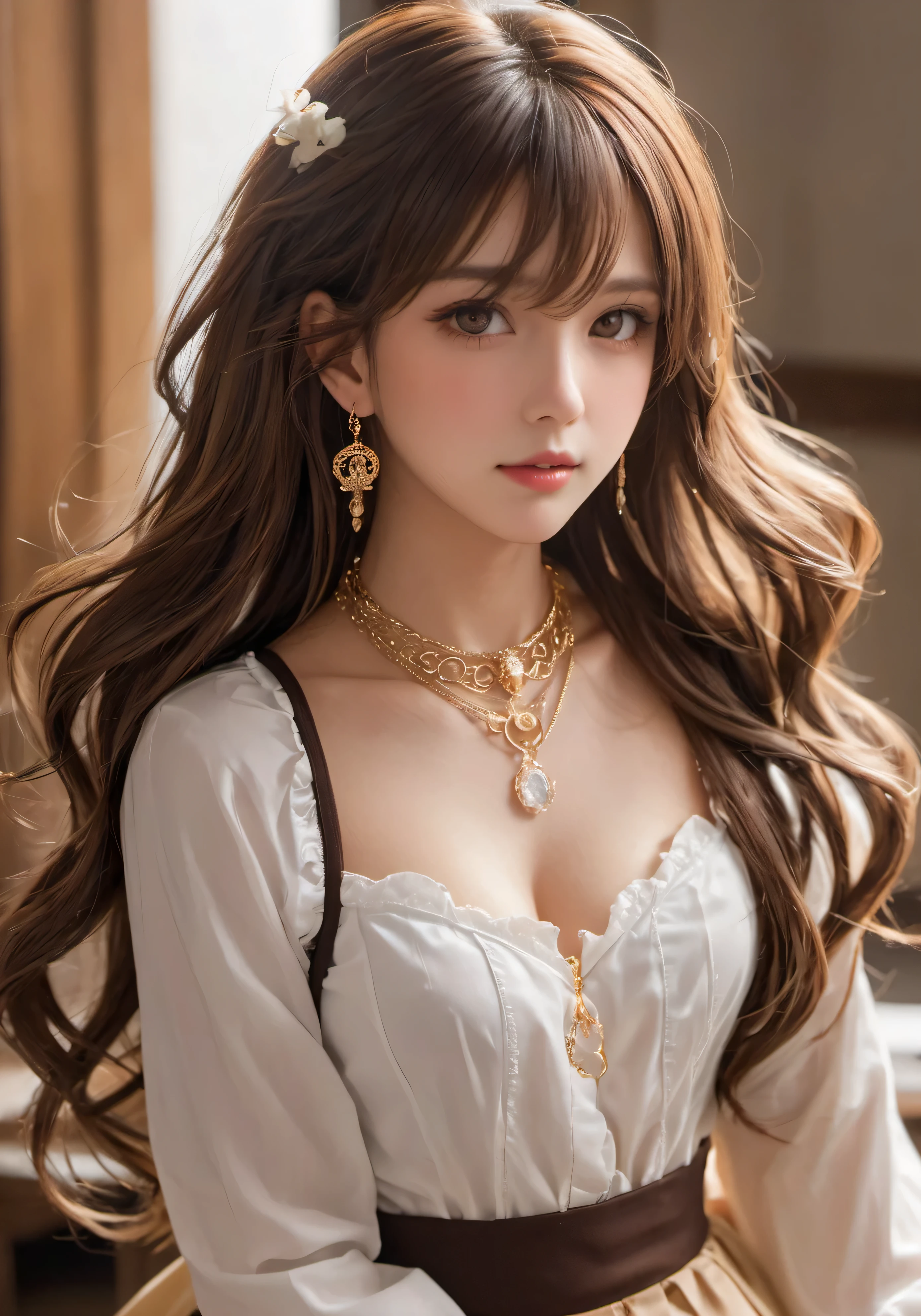 photograph, disorganized, High resolution, super detailed, maid girl,:d,((Hair with loose waves inside:1.2)),((gold necklace＿Large earrings:1.2)),((Super long brown hair:1.2))