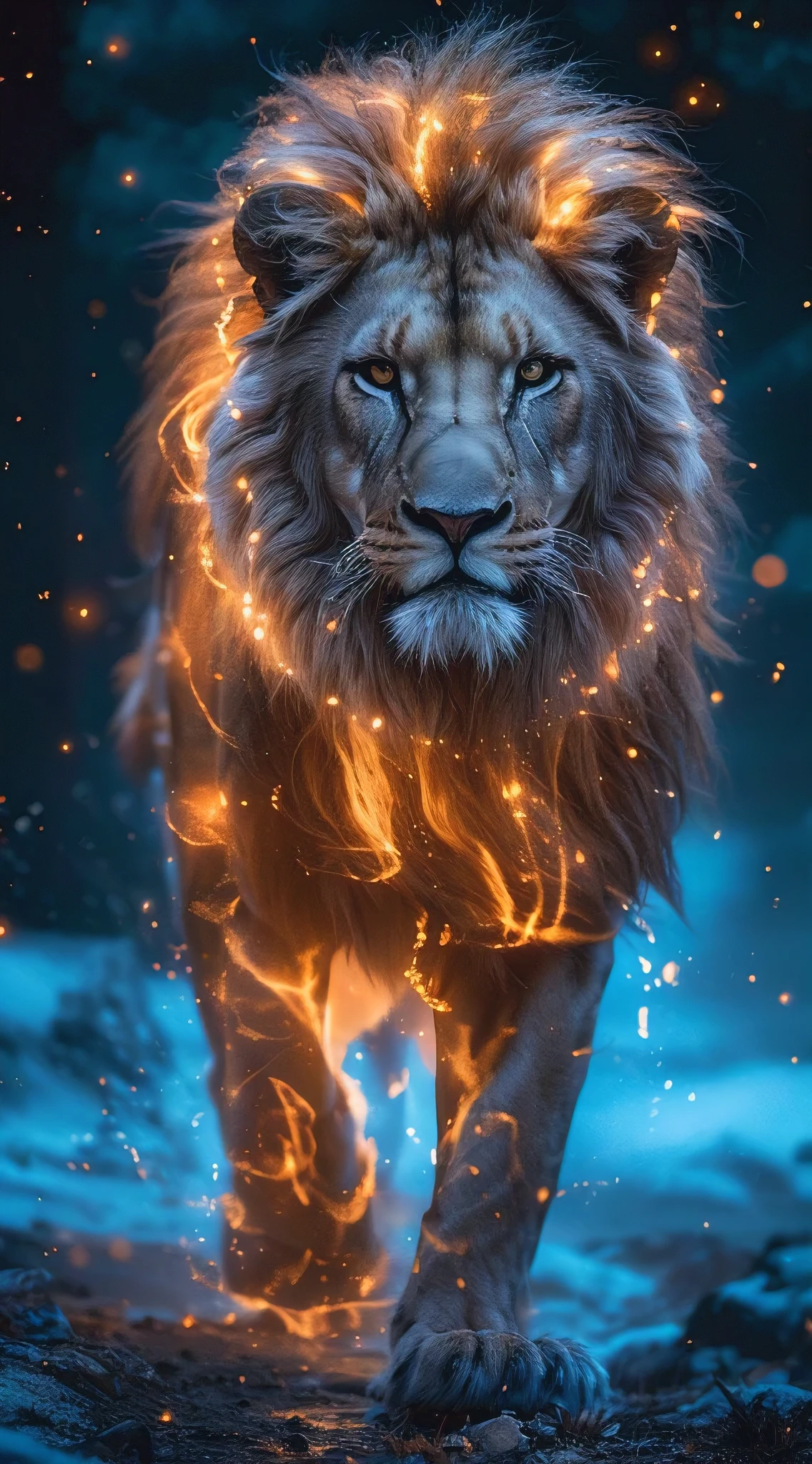 (best quality,4k,8k,highres,masterpiece:1.2),ultra-detailed,(realistic,photorealistic,photo-realistic:1.37),Light painting Photo of a lion,cinematic,powerful, majestic, vibrant, illuminated,fierce,glowing eyes,elegant,proud,roaring,stunning mane,dramatic lighting,contrasting shadows,captivating colors,striking composition,dynamic scene,atmospheric,dark night background,twinkling stars,impressive,picture-perfect moment,emotional,awe-inspiring,artistic interpretation,extraordinary,graceful movements,fine details,professional quality,expertly captured beauty,artistic touch,HDR,UHD,Studio lighting.