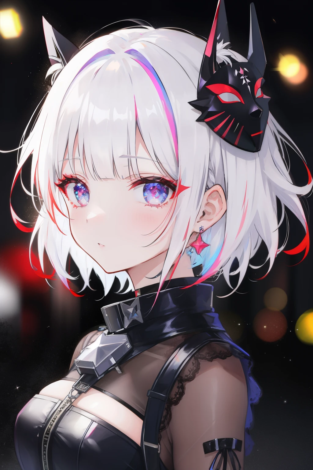 redhead、goth_punk, 1 girl, solo, medium shot, walking in harajuku, ((in the middle of the night)), Bokeh, neon light, iridescent eyes, starry sky, Red glowing hair, white eyebrows, shining hair, (iridescent white hair), earrings, bangs, gem, mask, Brantbang, Veld&#39;s eyes, 口mask, blurry背景, blurry, hair ornaments, look at the audience, short hair, portrait, side lock