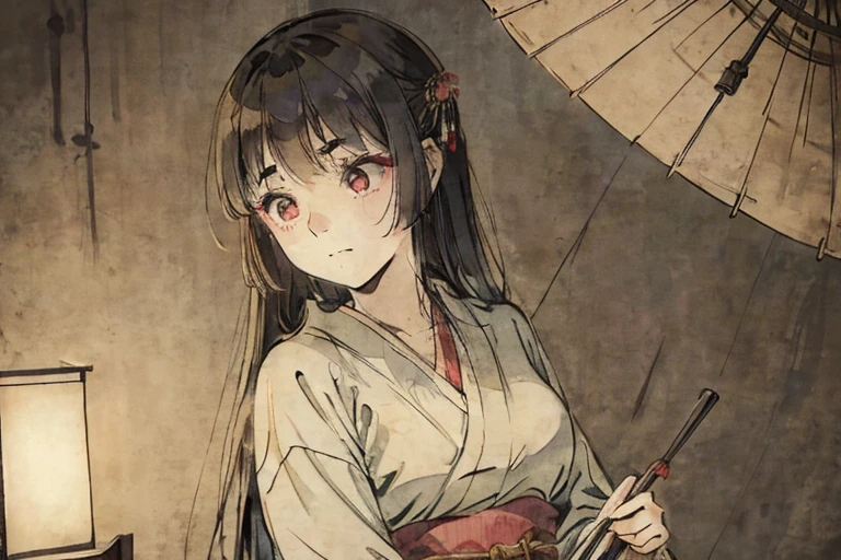 An old woman wearing a Japanese doll-style kimono standing in a Japanese-style room、long black hair、bangs、thick eyebrows、Stand up straight and look at me、horror movie lighting、close、mysterious atmosphere、Spooky