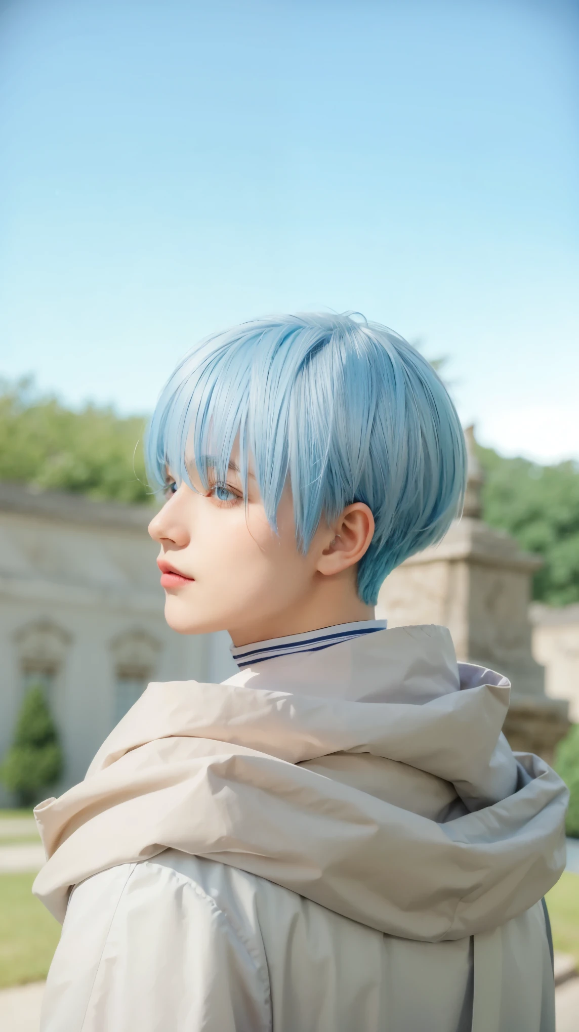 male with blue hair. His eyes are light blue