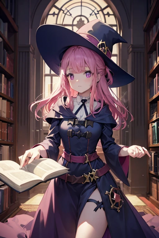 A pink haired female witch with violet eyes with an hourglass figure in a victorian style dress is picking out a book
