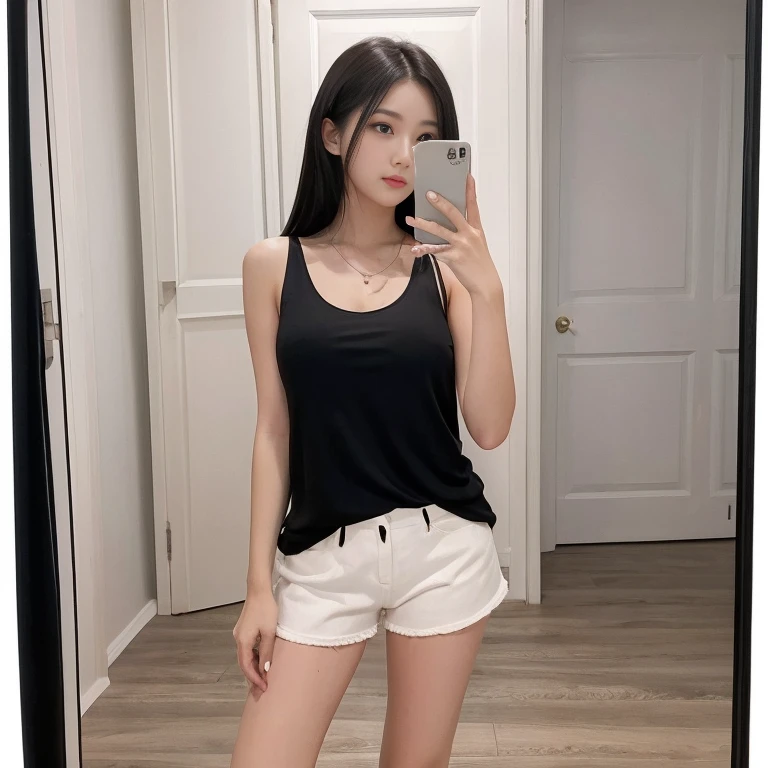 debris flies、highest quality、super fine、Understood、High resolution、8k wallpaper、perfect dynamic composition、(((Full body Esbian)))、((from below))、20 year old cute girl、detailed beautiful face、delicate and cute eyes、fine-textured skin、My cheeks turned red、(wavy black hair)、thin legs、Please generate at the eaves、Take a selfie with your phone、room、Wearing a black tank top、white background、Wearing cotton shorts、I can see your pants、panty shot、The exact shape of the areola、transparent areola、The nipples are transparent、Taking a selfie with your smartphone in front of a mirror