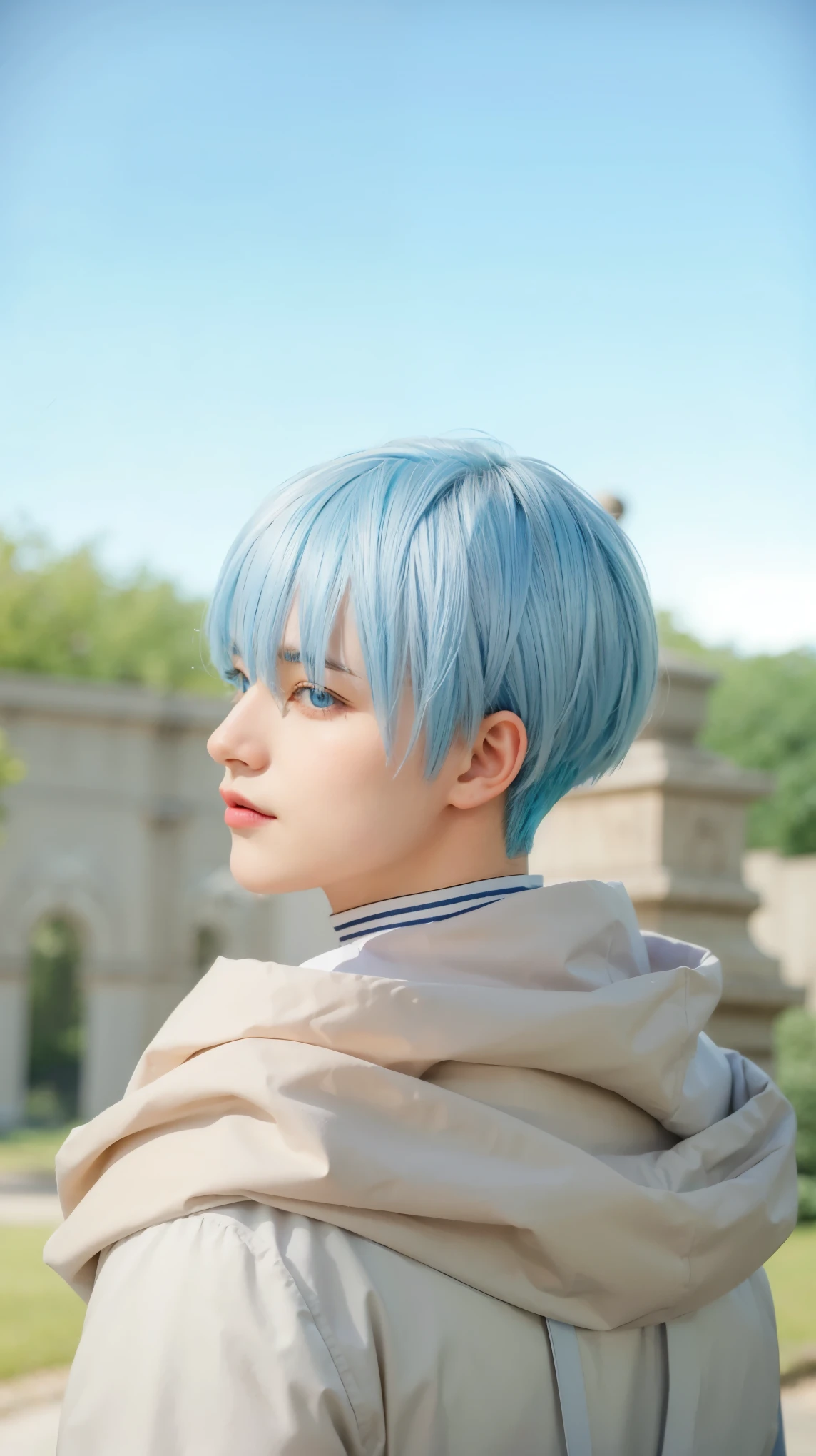 male with blue hair. His eyes are light blue