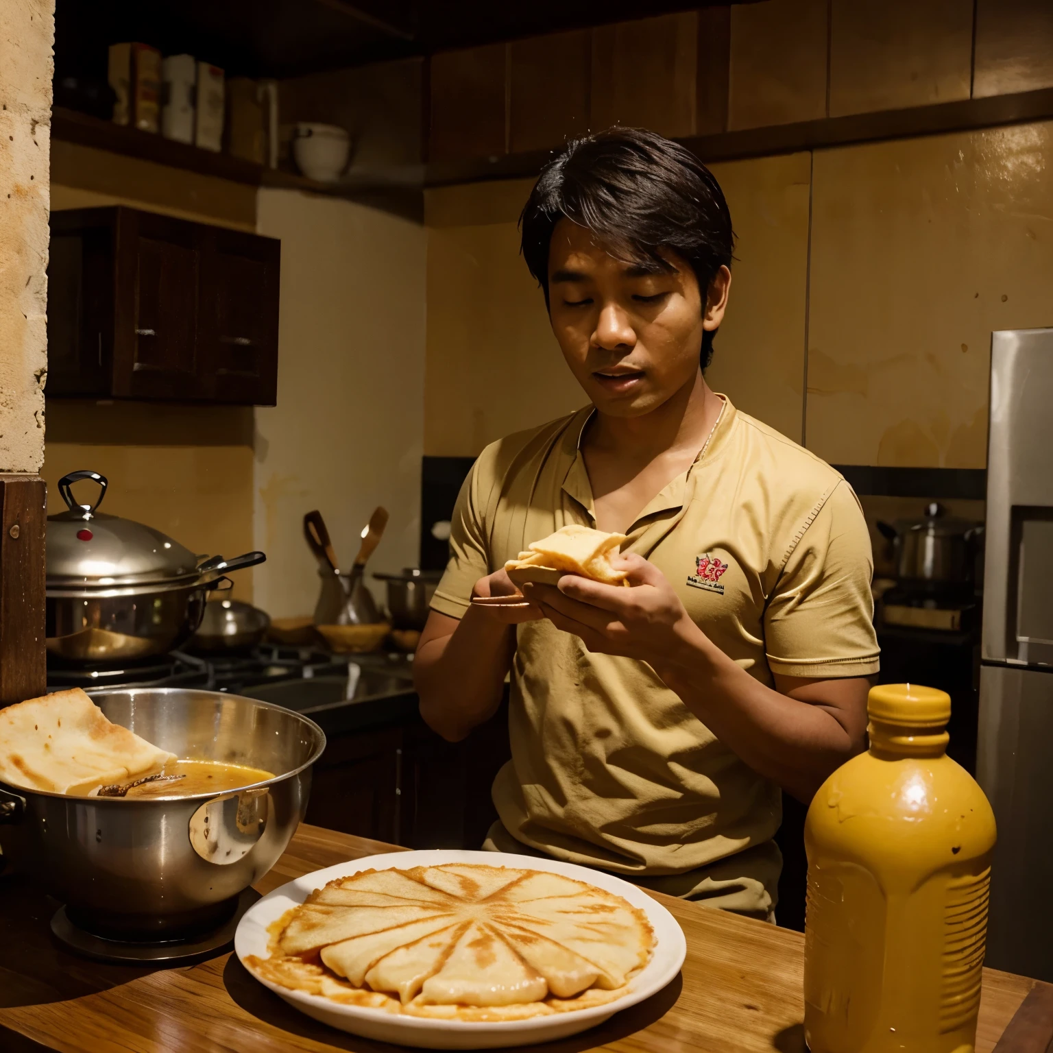 Malay boy eat roti canai