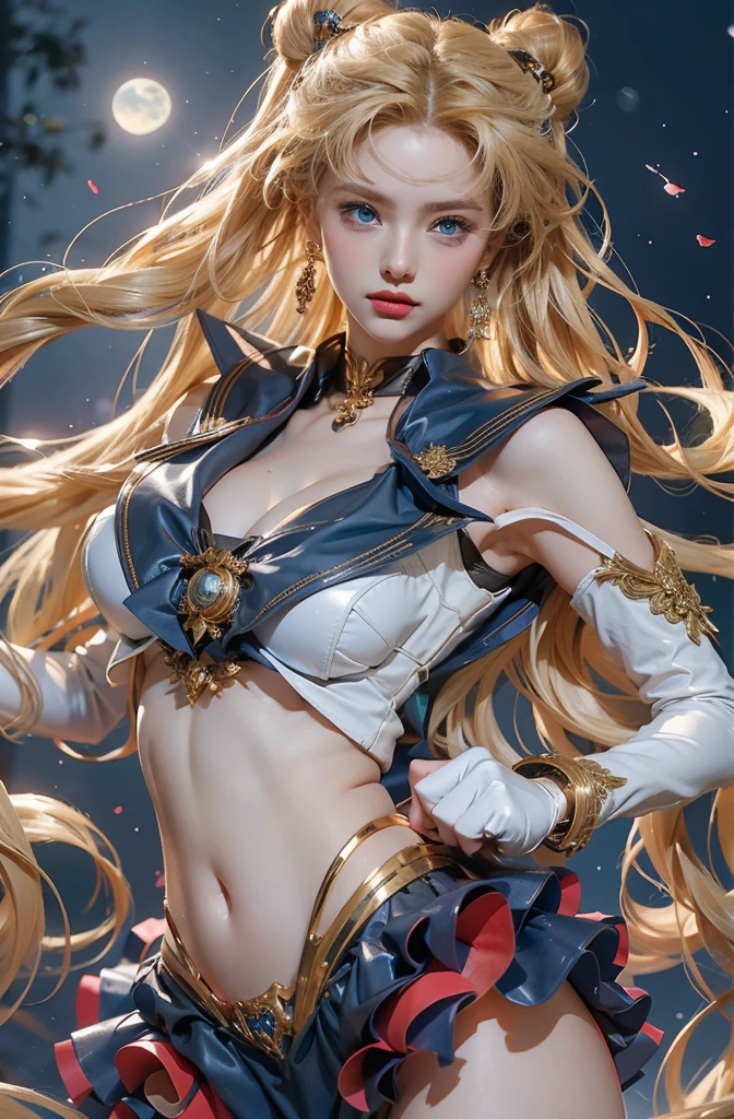 Beautiful girl with long blonde hair and a blue dress poses for a photo., Sailor Galactic, blue eyes, (Beautiful face details), intricate detailed, Sophisticated and luxurious leather outfit, Portrait of a female man, very high details, Realistic photos, 8k, UHD, hyperdetailed,