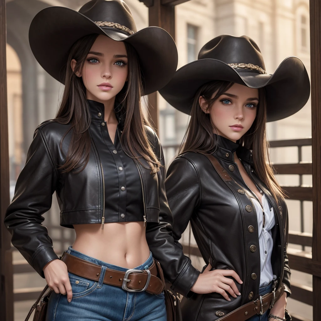 4k ultra hd, Master Meese, best quality, fille avec, beau visage, detailed eyes, Detailed lips, cheveux longs, cheveux raides, Porter un costume de cow-boy, ventre nu, veste de cuir, chapeau de cowboy, blurred background, matin, Capture de tout le corps,