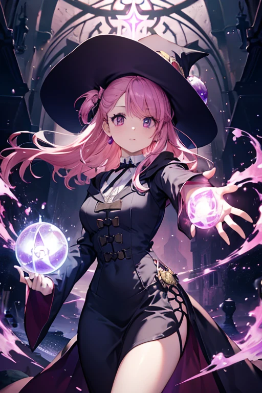 A pink haired female witch with violet eyes with an hourglass figure in a victorian style dress is playing with a ball of purple fire
