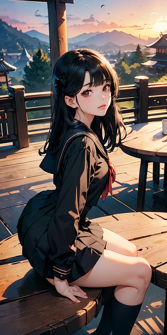 fox、sexy look、transparent clothes、torn clothes、spreading his legs、Upskirt、8K, masterpiece, highest quality, ultra high resolution, highest resolution, very detailed, professional lighting, orange light lighting、Backlight、Detailed CG、Low angle from the front、full body shot、Beautiful woman、beautiful eyes、(detailed face and iace:1 2)、narrow eyes、almond eye、brown eyes、gradation eye、highlight:1.2)、(beautiful black hair、(three-dimensional lips、plump lips) 、(oval face : 1.4)、(thin fingered arms、detailed human hand)、(table top, highest quality:1.2), Scenery with Japanese wooden houses、ancient folk house、beautiful japanese garden、beautiful red sunset、full body pose、A girl who blends into the scenery、Beautiful woman, small face、white skin、very cute, thin hair、brown eyes)、Breasts are medium in size、(beautiful black hair、medium hair)、(black sailor suit、serafuku:1.4)、thin and long legs、JK black skirt 、pleated skirt、Hip line emphasis、black socks、black stockings、Breasts are A cup、Shoes are loafers) 、(round face: 1.4)、shy smile、black knee high socks、「tom 2106」