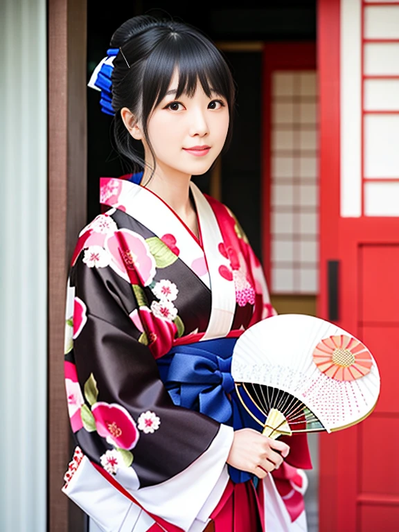woman in kimono holding a fan and a fan in front of a red door, in kimono, in a kimono, yukata, wearing a kimono, wearing kimono, classy yukata, 黒ベースのyukataを着て, wearing royal kimono, kimono, japanese woman, traditional japanese, japanese model, Japanese style, elegant japanese woman、A dignified smile、19 year old female、The color of the fan is white、Cherry blossom park、medium long hair