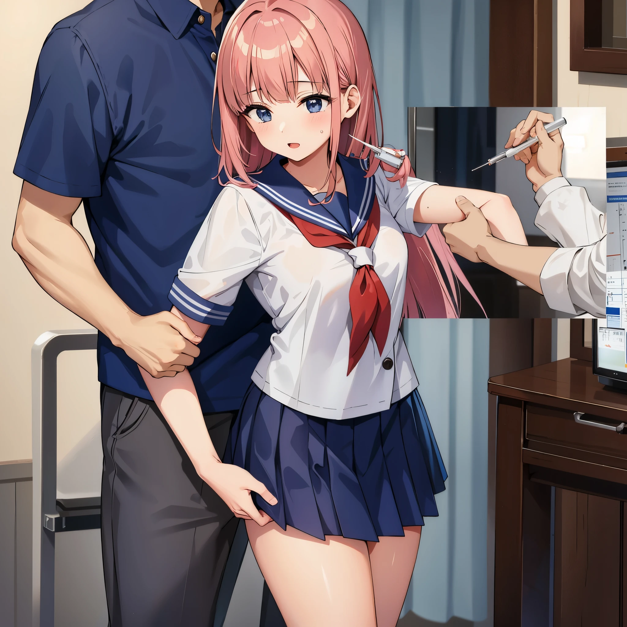 A high school girl in a sailor uniform receives a vaccination、A man is holding a syringe