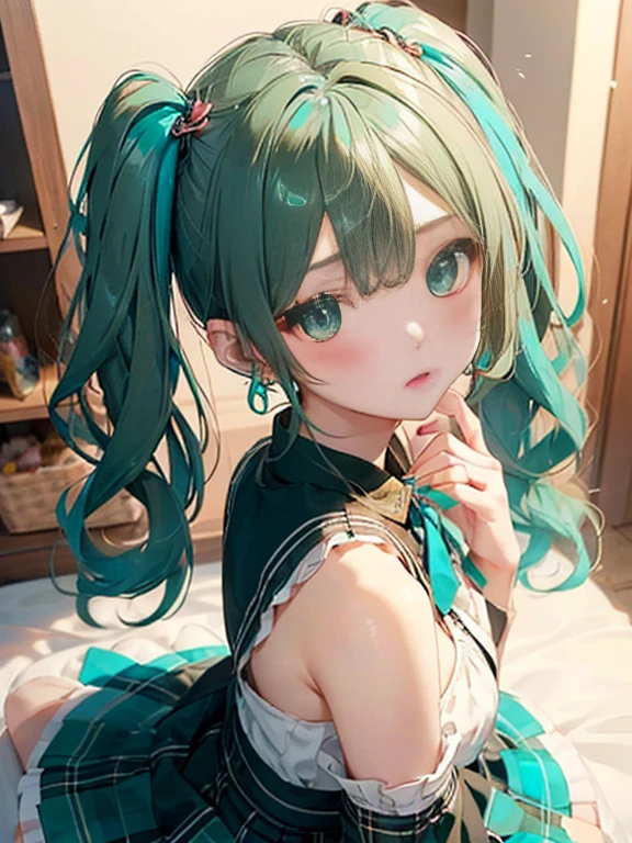 sandy beach、Asahi、big butt、 (alone:1.5,)Super detailed,bright colors, very beautiful detailed anime face and eyes, look straight, ;shiny_skin,girl, ((White long hair,Inner color is red 、forehead is exposed.、green eyes、、shiny hair, delicate beautiful face, blush、(turquoise eyes), White skin, Valletta, earrings,、、、checked skirt、twin tails