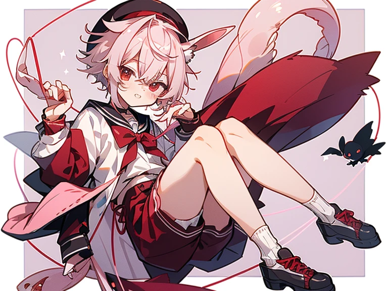 1男1男Shota (masterpiece、最high quality、high quality)、boyが2人 若いboy'whole body、Two 、boy1人目(Lightly pigmented hair 、red eyes、shortcut、pink shorts、Long sleeve sailor、garter belt、Pink string ribbon、Beret with rabbit ears、double teeth 、low length、Shota)、boy2人目(Vermilion hair color、odd eye(green and red)、headdress、White underwear pants、フリルの襟 shortcut、white loose socks、sneakers、Shrimp Bag、Shota、boy) whole body キャラクターデザイン 仲良し、to close range