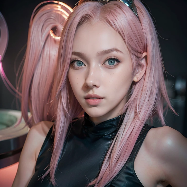 young woman, short shoulder-length pink hair, wide forehead, porcelain skin, pink eyebrows, big emerald green eyes, buttoned nose, full lips, heart-shaped face, slender body, small breasts, red tank top, Sakura Haruno , realistic, realism, details, 3d, well detailed