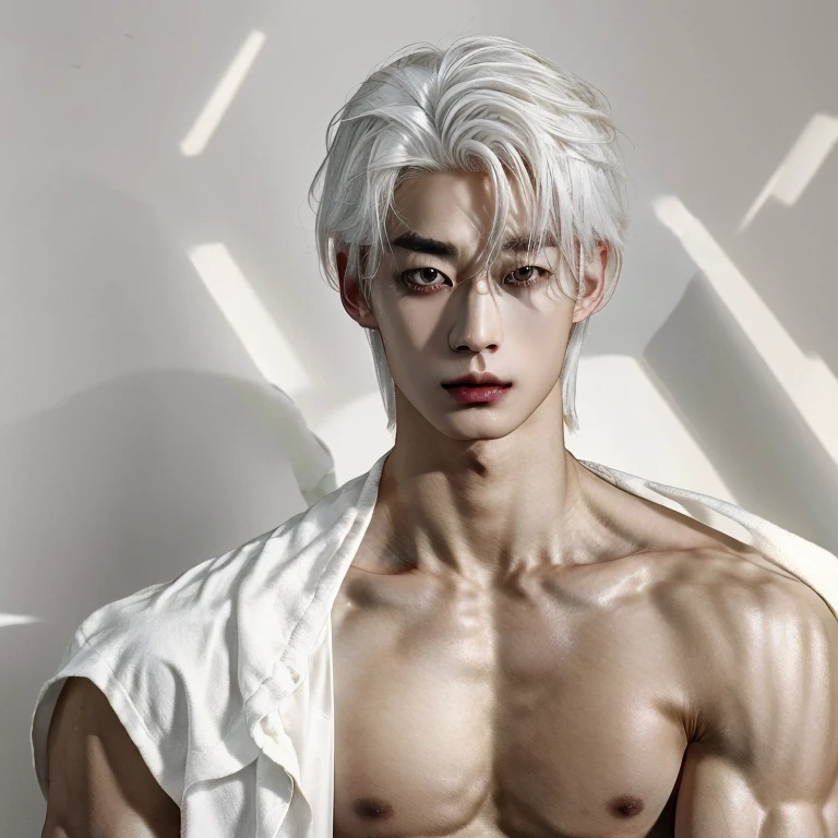 masterpiece, best quality, handsome Asian 25 year old, fair skin male, white hair, perfect face, chest abs, slender, masculine, tattoos, white clothes
