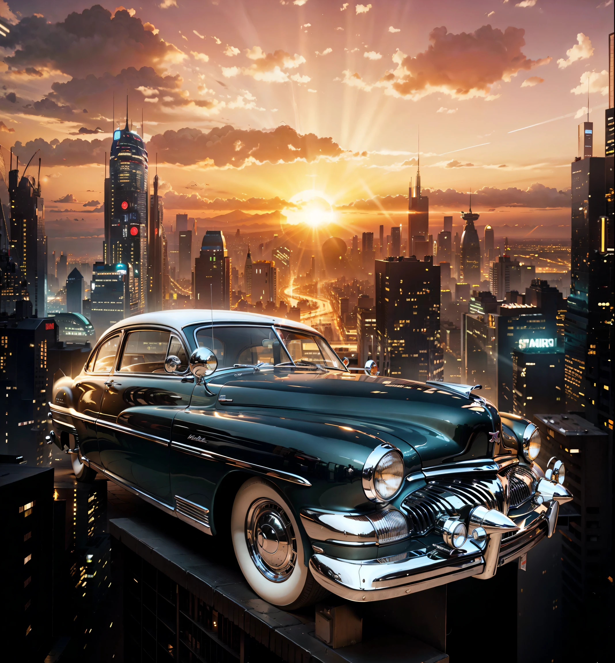 A shiny 1949 Mercury sports car with lit headlights in the foreground, In the background is a science fiction city with many illuminated buildings and a giant sun shining on the body of the car