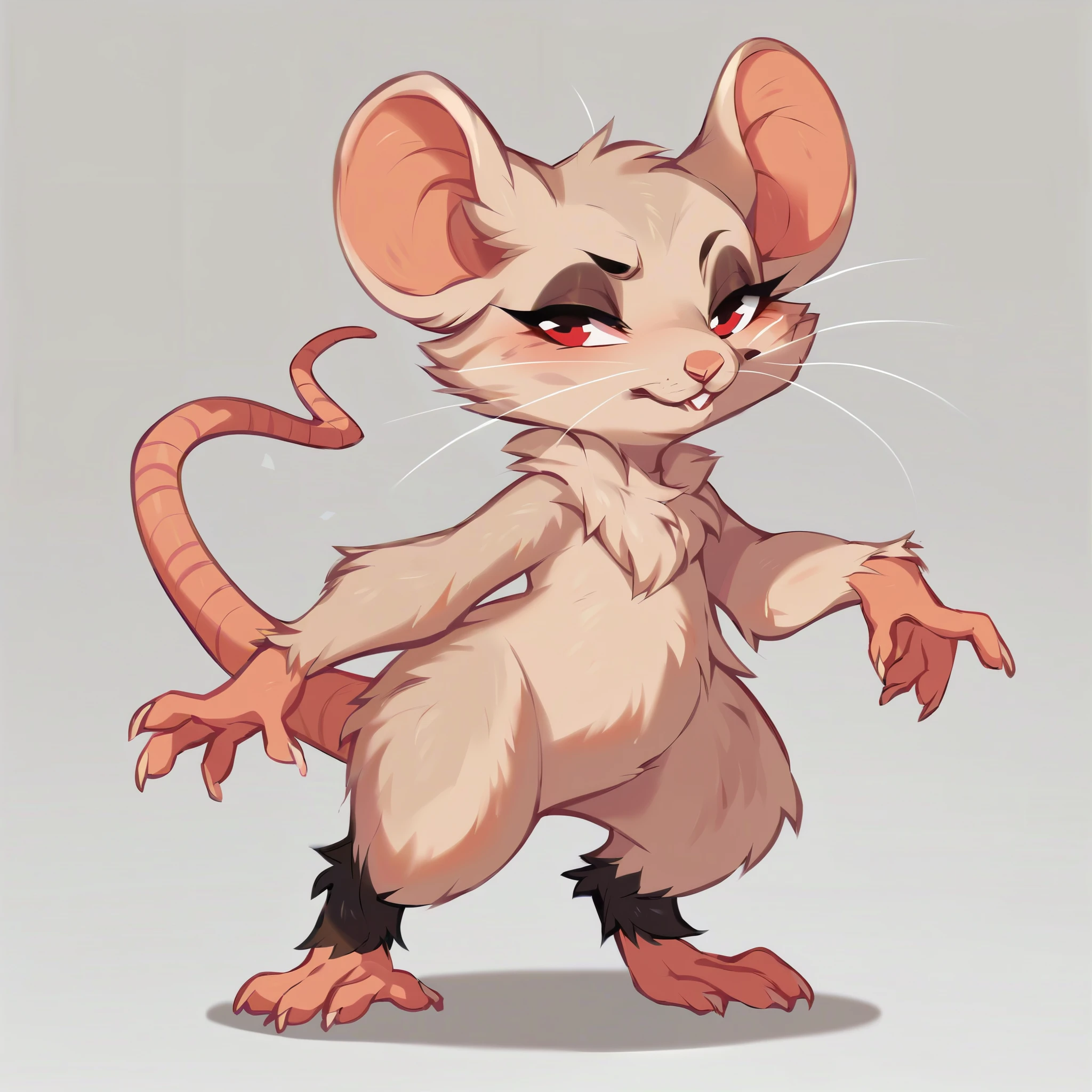 score_9, score_8_up, score_7_up, score_6_up, score_5_up, score_4_up, show accurate, full body, hungry body, simple background, (solo), (semi anthro), rat, female rat, fur body, ultra fine fur, standing, red eyes, 