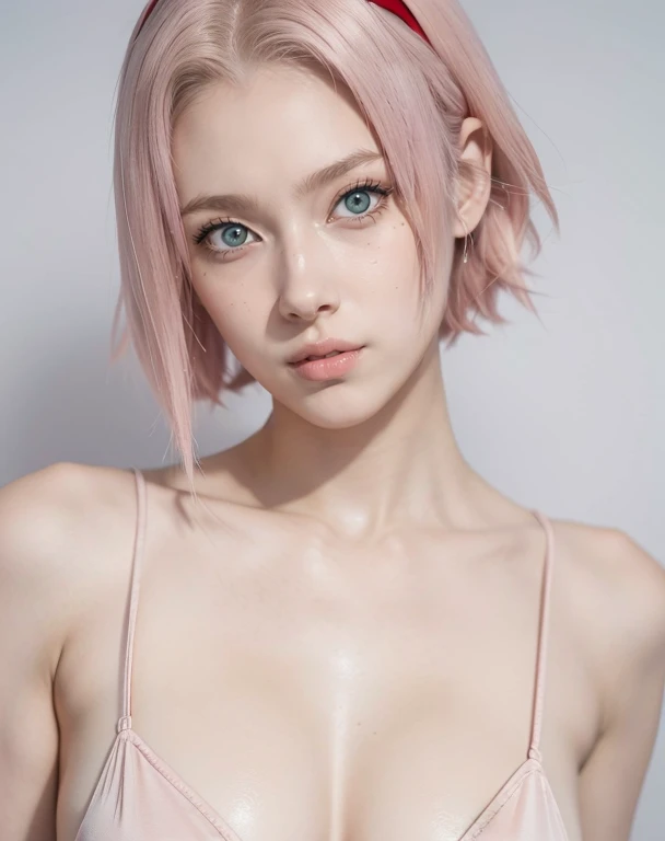 young woman, short shoulder-length pink hair, wide forehead, porcelain skin, pink eyebrows, big emerald green eyes, buttoned nose, full lips, heart-shaped face, slender body, small breasts, red tank top, Sakura Haruno , realistic, realism, details, 3d, well detailed
