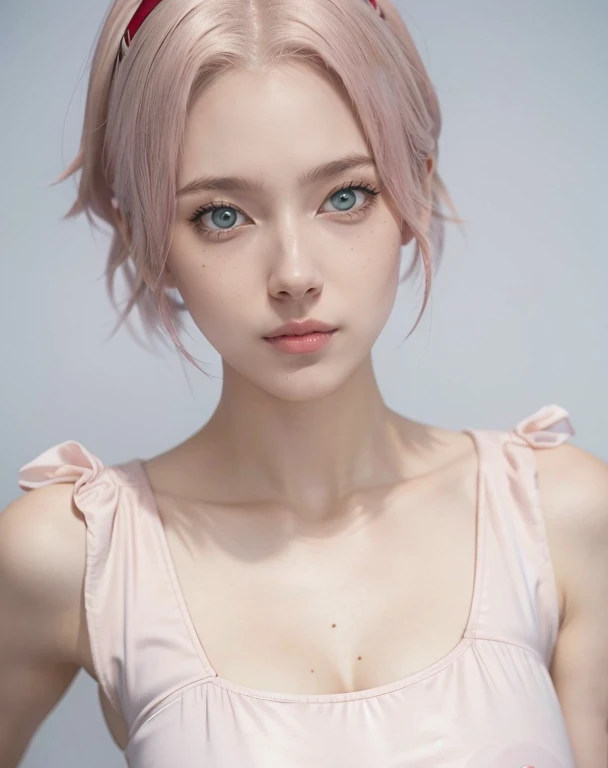 young woman, short shoulder-length pink hair, wide forehead, porcelain skin, pink eyebrows, big emerald green eyes, buttoned nose, full lips, heart-shaped face, slender body, small breasts, red tank top, Sakura Haruno , realistic, realism, details, 3d, well detailed