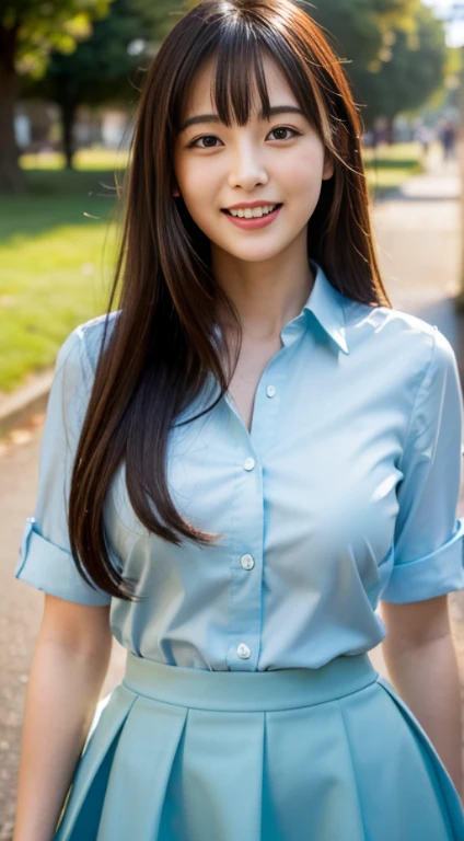 ((highest quality,8K,masterpiece:1.3)), Japanese, 24 year old female model, small breasts、bangs、black haired、long hair、straight hair、(Light blue dress shirt),(flare skirt:1.2),Slim figure、small breasts、laughter、The background is an empty park、