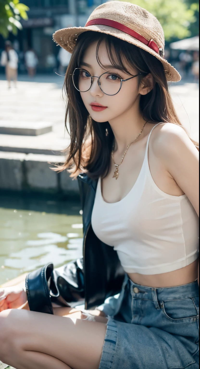 (32k,high detail,high detail,high resolution,high density,solo,exist:1.3),(realistic person,Live recording,delicate eyes,high resolution的眼睛,narrow eyes,The eyes look alive.,beautiful dark blue eyes,fishing eye,delicate lips,Crystal clear and fair skin,Detailed and realistic faces:1.3),(Japan Ita,korean Idols,Japanese model,korean models,korean k-Pop Female Idols:1.2),(blushing,natural makeup,A necklace,perforation:1.4)(Cut-out skirt,Oversized colorful top,Large leather jacket,leather boots,hat,Mode-based beauty and leisure:1.6),(Breasts in good shape:1.5),(Young but very beautiful and sexy korean16 years old ,cold stare,small smile,facing rear,turn around,looking at camera,fashion leader,fashion model,soft skin,unforgettable eyes,Her eyes are so beautiful,I want to go to Paris to collect.....................,Cutting-edge fashion:1.6),(show your whole body,Show full body fashion,Stylish blue glasses,bare chest,The thighs are clearly visible,,Lace red and red,fall,lying down,,precious ,我precious,Show armpits:1.7)