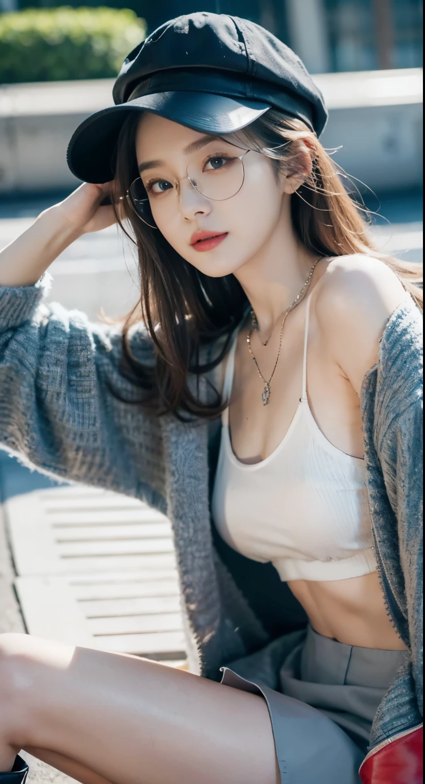(32k,high detail,high detail,high resolution,high density,solo,exist:1.3),(realistic person,Live recording,delicate eyes,high resolution的眼睛,narrow eyes,The eyes look alive.,beautiful dark blue eyes,fishing eye,delicate lips,Crystal clear and fair skin,Detailed and realistic faces:1.3),(Japan Ita,korean Idols,Japanese model,korean models,korean k-Pop Female Idols:1.2),(blushing,natural makeup,A necklace,perforation:1.4)(Cut-out skirt,Oversized colorful top,Large leather jacket,leather boots,hat,Mode-based beauty and leisure:1.6),(Breasts in good shape:1.5),(Young but very beautiful and sexy korean16 years old ,cold stare,small smile,facing rear,turn around,looking at camera,fashion leader,fashion model,soft skin,unforgettable eyes,Her eyes are so beautiful,I want to go to Paris to collect.....................,Cutting-edge fashion:1.6),(show your whole body,Show full body fashion,Stylish blue glasses,bare chest,The thighs are clearly visible,,Lace red and red,fall,lying down,,precious ,我precious,Show armpits:1.7)