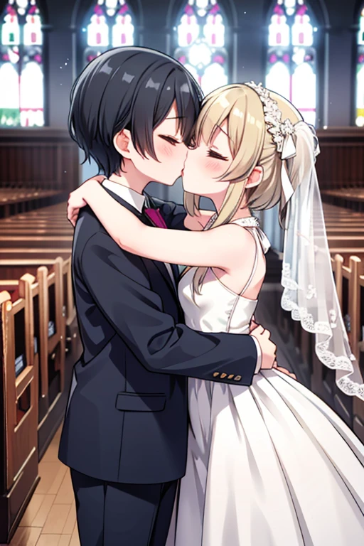 two girl、Wedding dress、kiss、hug each other、church