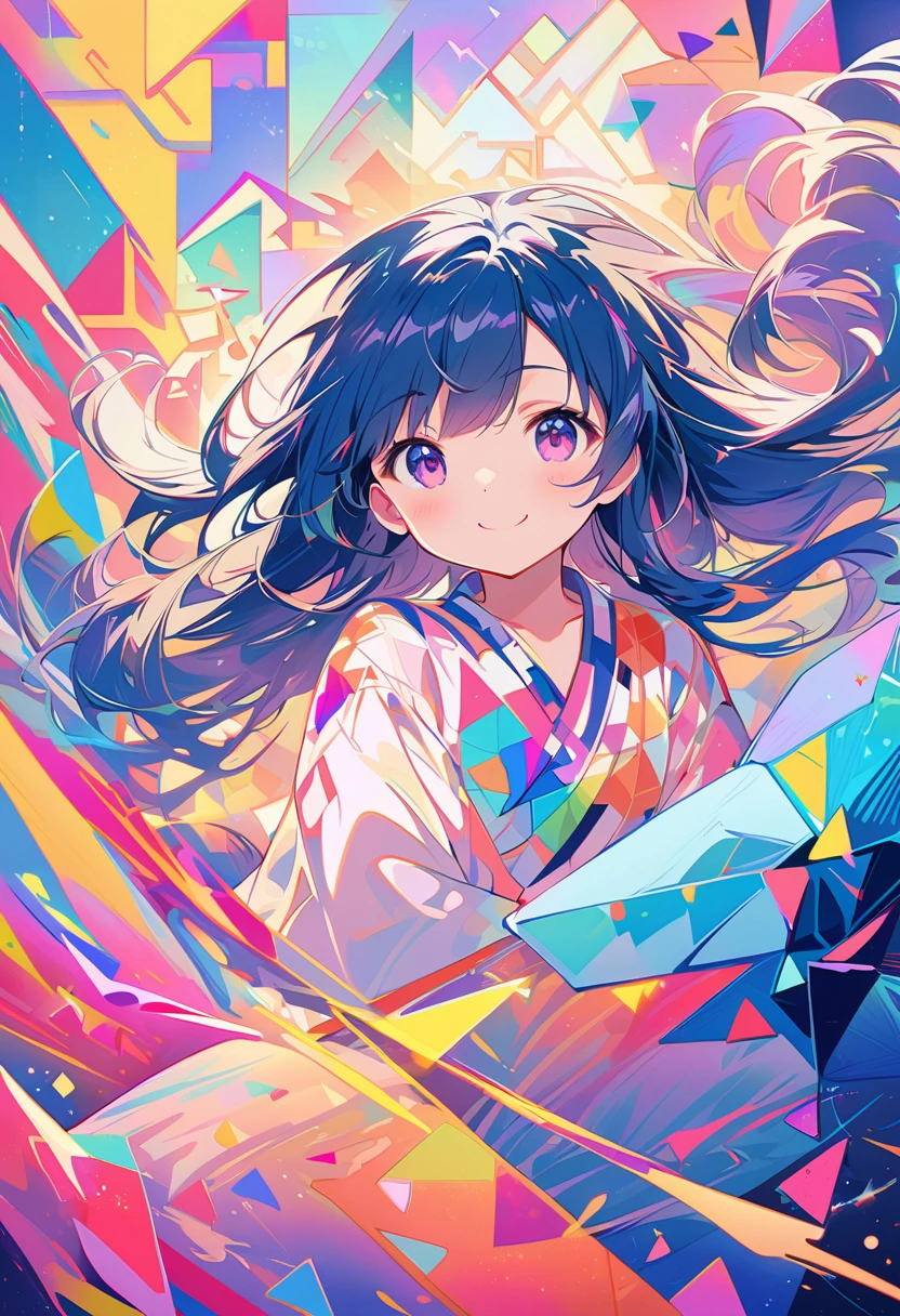 seamless geometry,blank background,Geometric puzzle style,a cute girl, shining eyes, , happiness,cute smile,flowing hair,Light blue geometric pattern yukata,周围有colorful geometric shapes,vivid colors,Fireworks sparkling in the background,colorful geometric shapes,Eye-catching composition,abstract pattern,geometric symmetry,Striking visual effects,artistic interpretation,Expressive brushstrokes,translucent layer,contrasting tones,warm and cold light exposure,Subtle and magical atmosphere,fascinating and captivating scene