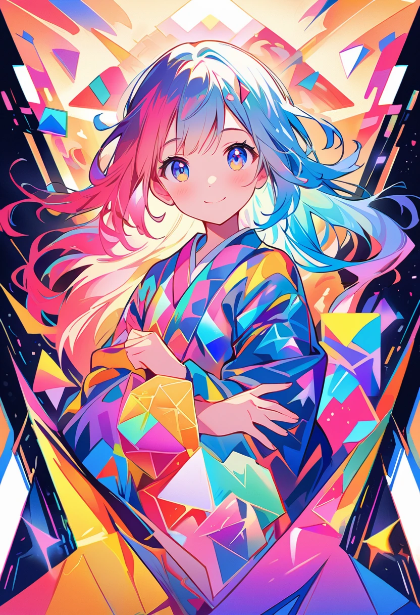 seamless geometry,blank background,Geometric puzzle style,a cute girl, shining eyes, , happiness,cute smile,flowing hair,Light blue geometric pattern yukata,周围有colorful geometric shapes,vivid colors,Fireworks sparkling in the background,colorful geometric shapes,Eye-catching composition,abstract pattern,geometric symmetry,Striking visual effects,artistic interpretation,Expressive brushstrokes,translucent layer,contrasting tones,warm and cold light exposure,Subtle and magical atmosphere,fascinating and captivating scene