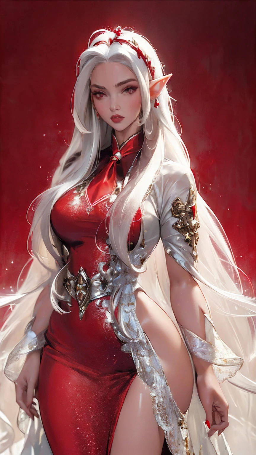 (masterpiece, best quality, Super detailed:1.2), 1 girl, Perfect Curve, (g0ld3mb, Kaneko:1.1), (sparkling galaxy dress:1.1), white long straight hair, tie hair, Wrapped in white silk, (red background:1.2), Elf ears,
