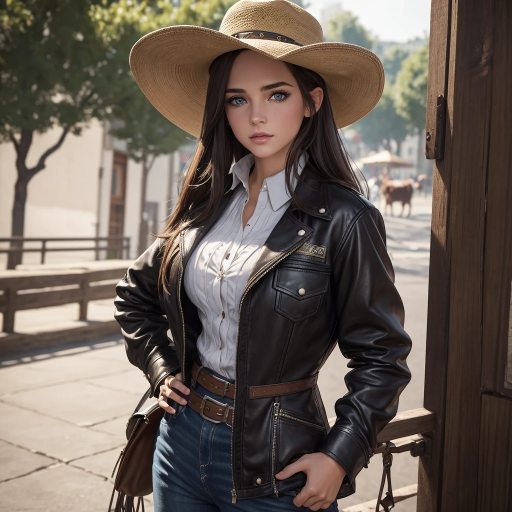 4k ultra hd, Master Meese, best quality, une fille avec, beau visage, detailed eyes, Detailed lips, cheveux longs, cheveux raides, Porter un costume de cow-boy, ventre nu, veste de cuir, chapeau de cowboy, blurred background, matin, Capture de tout le corps,